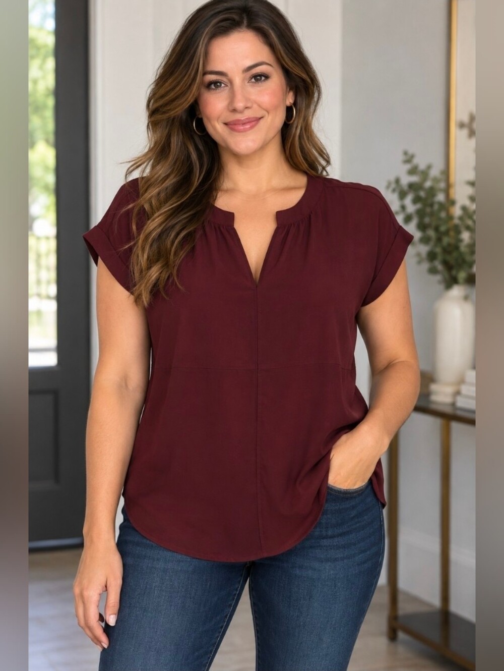 Philosophy Plum Short-Sleeve Split-Neck Blouse